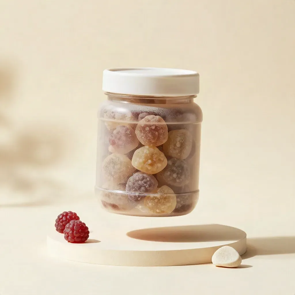 Unlabelled gummy jar, three berry chews and a pale stone chip floating on a cream field.