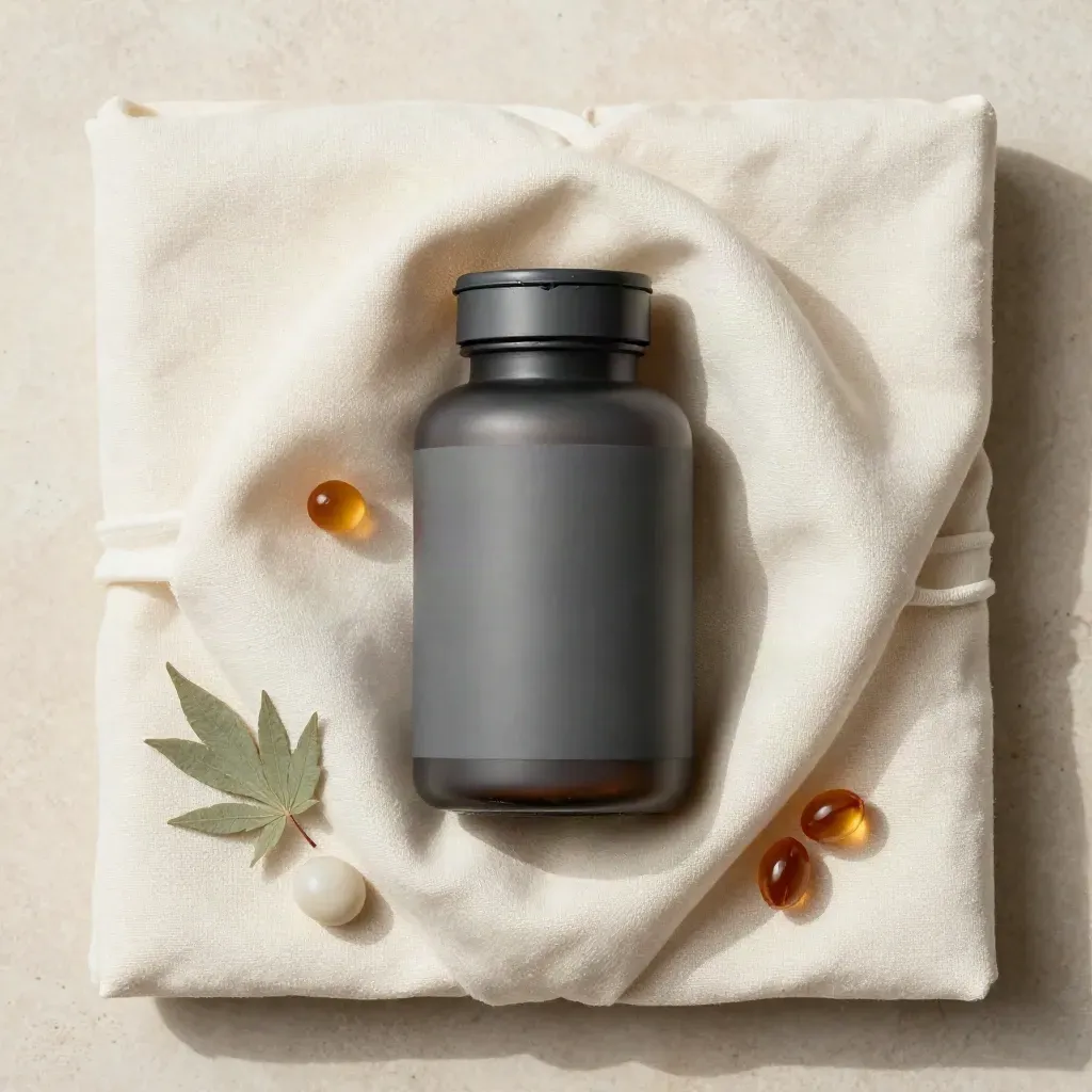 Overhead flatlay of an unlabelled sleep softgels bottle in cream linen with capsules and a stone bead.