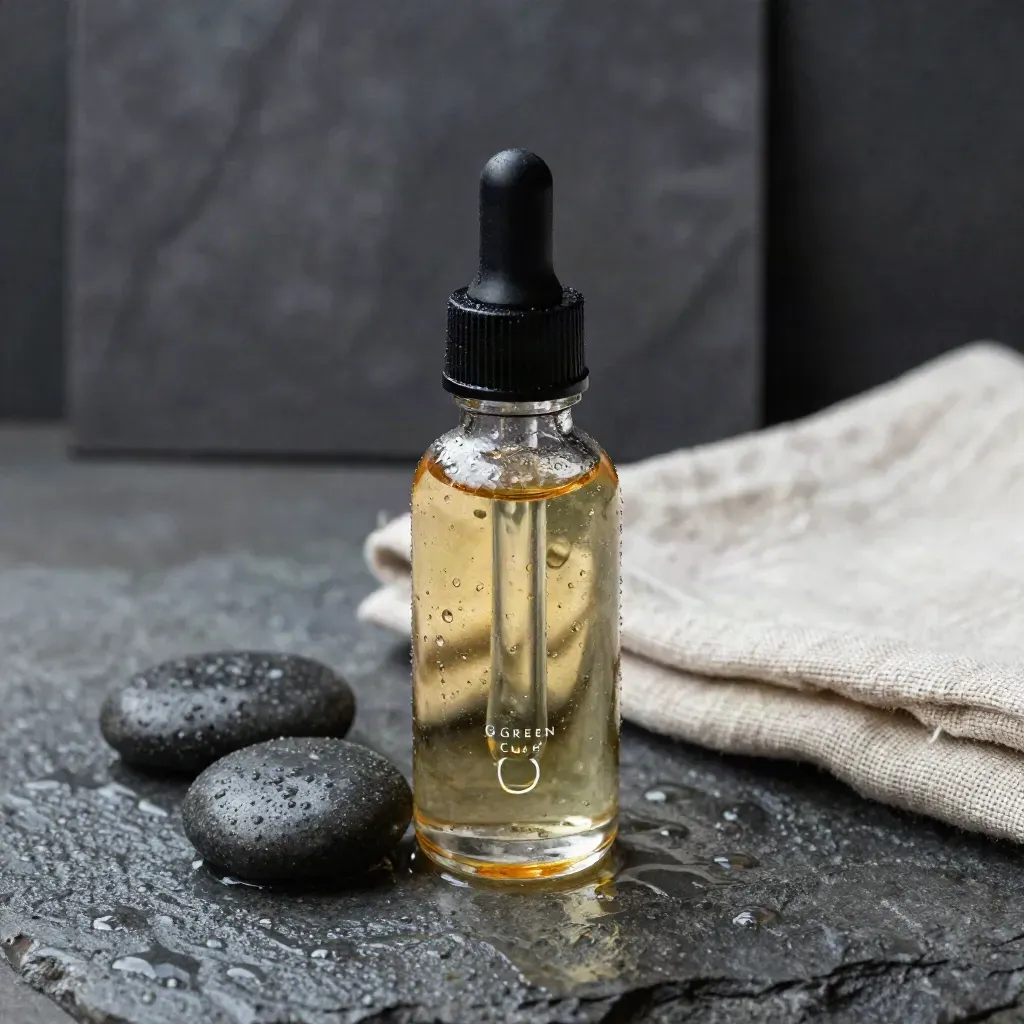 Macro tincture bottle on wet stone with pebbles, linen and misty condensation