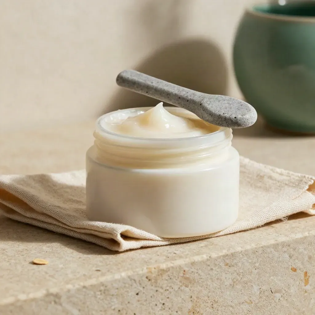 Open CBD balm jar with spoon and rolled linen on a warm spa ledge.