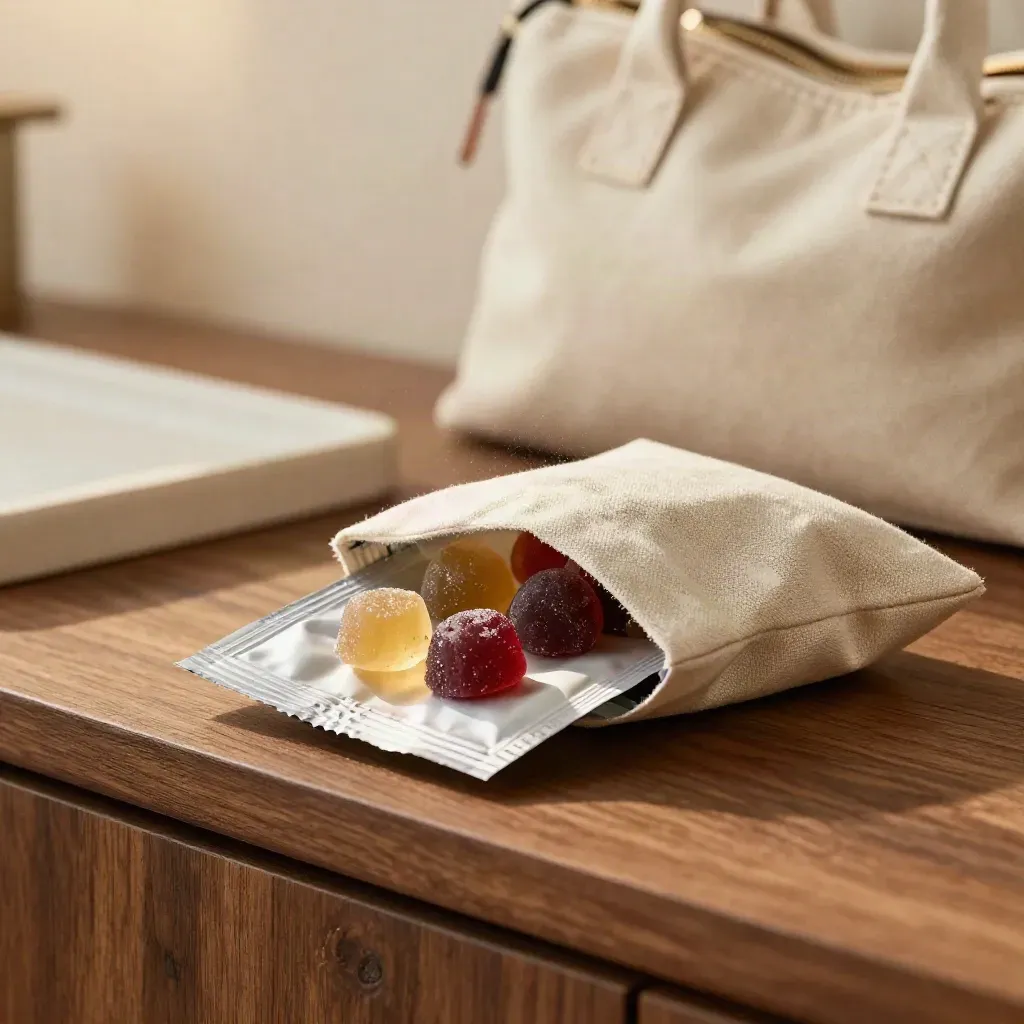 Berry sleep gummies pack with loose chews and a linen pouch on warm walnut hotel wood.