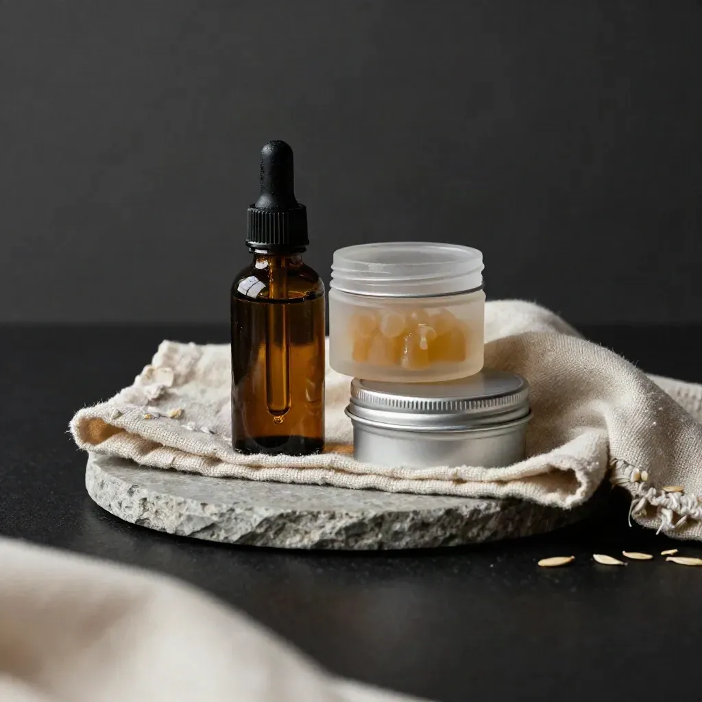 CBD tincture, gummies, and balm on stone tray with linen in dramatic studio light