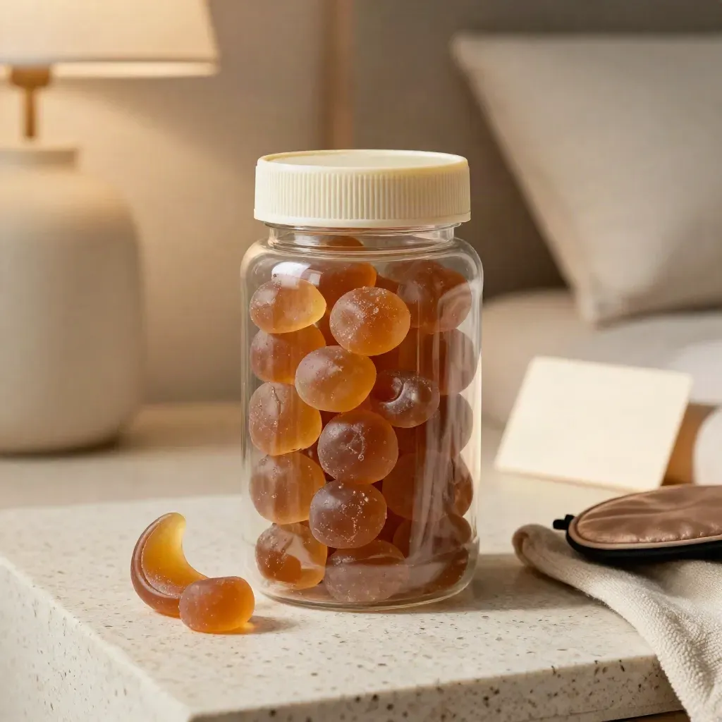Sleep gummies jar with loose chews and a folded sleep mask on a travertine bedside surface