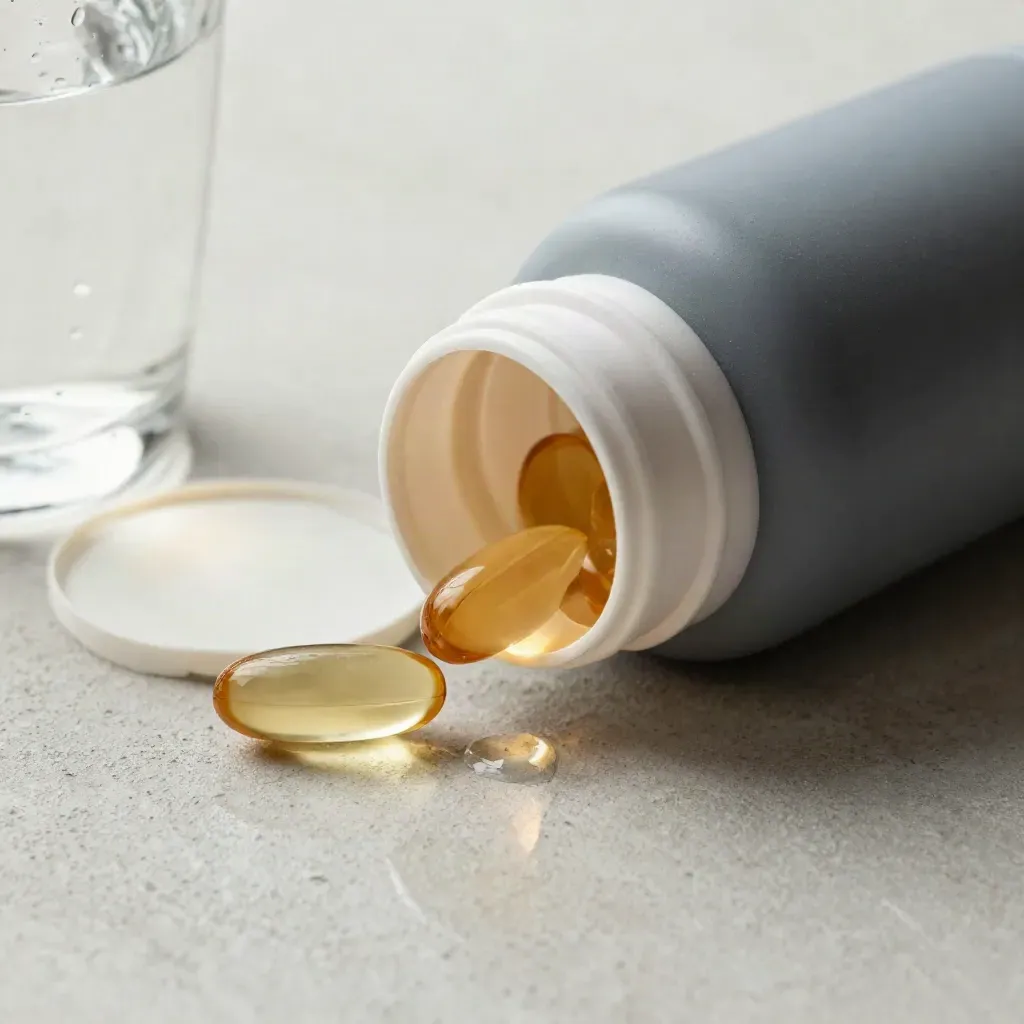 Charcoal daily softgels bottle, three capsules, and a dewy water glass on pale concrete